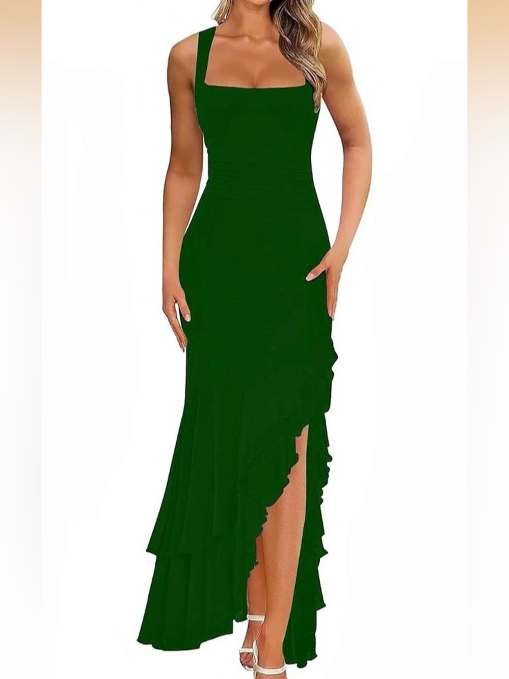 Women's Square Neck Ruffle Split Maxi Dress Green